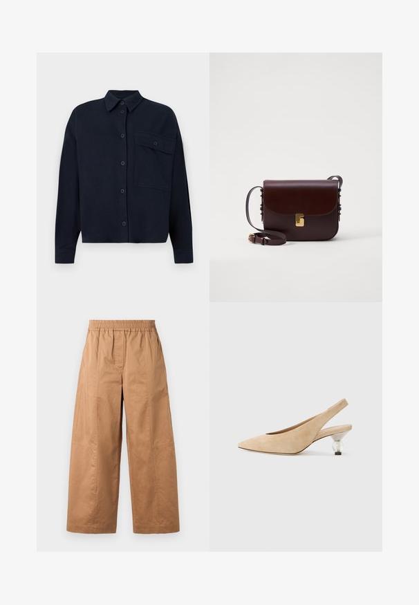 Tumedat sinise värviga nööpidega särk krae, pikkade varrukatega, esise taskuga ja sileda tekstuuriga. Omab viit nööpi ees.; WEEKEND MaxMara MILVA - Püksid - earth; Bež sametist slingback kingad terava varbaga ja läbipaistva ümmarguse kontsaga. Sile tekstuur ja minimalistlik disain.; Pruun nahast kott klappi sulgemisega, kuldsete detailidega ja reguleeritava rihmaga. Omab siledat tekstuuri ja stiilset ristküliku kuju.