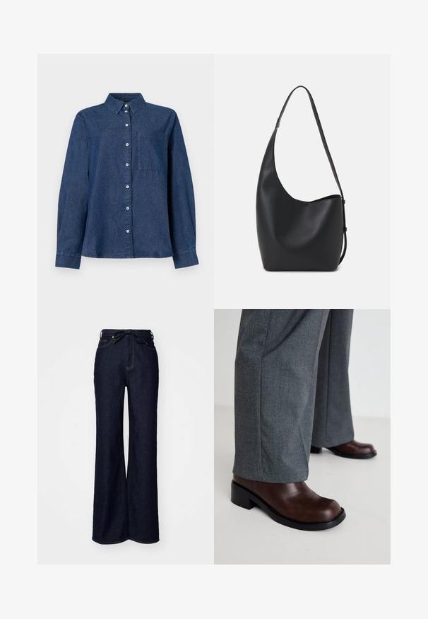 Mørkeblå denim skjorte med lange ermer, som har knappestolpe foran, spiss krage, en enkel brystlomme og knappede mansjetter.; Mørkeblå vide jeans laget av denim, med høy midje, frontlommer og knytelukking i livet.; RAID TAILORR - Cowboystøvler - brown; Svart lær hobo-veske med glatt tekstur, buet form og enkelt justerbart stropp; har en bred åpning på toppen.