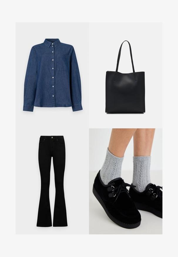 Dunkelblaue Denim-Hemd mit langen Ärmeln, Knopfverschluss vorne, spitzen Kragen, einer Brusttasche und Knopfmanschetten.; Schwarze hochtaillierte Jeans mit einem Knopf- und Reißverschluss, Fronttaschen und ausgestellten Beinen, flach auf einem weißen Hintergrund ausgelegt.; Schwarze Samt-Schuhe mit flachen Sohlen, runder Zehenform und doppelten Ösen. Getragen mit grauen, grob gestrickten Socken. Glatte Textur und schlichtes Design.; Schwarze Laptoptasche aus Leder mit glatter Textur, rechteckiger Form und zwei langen Griffen. Keine sichtbaren Beschläge oder Verzierungen.