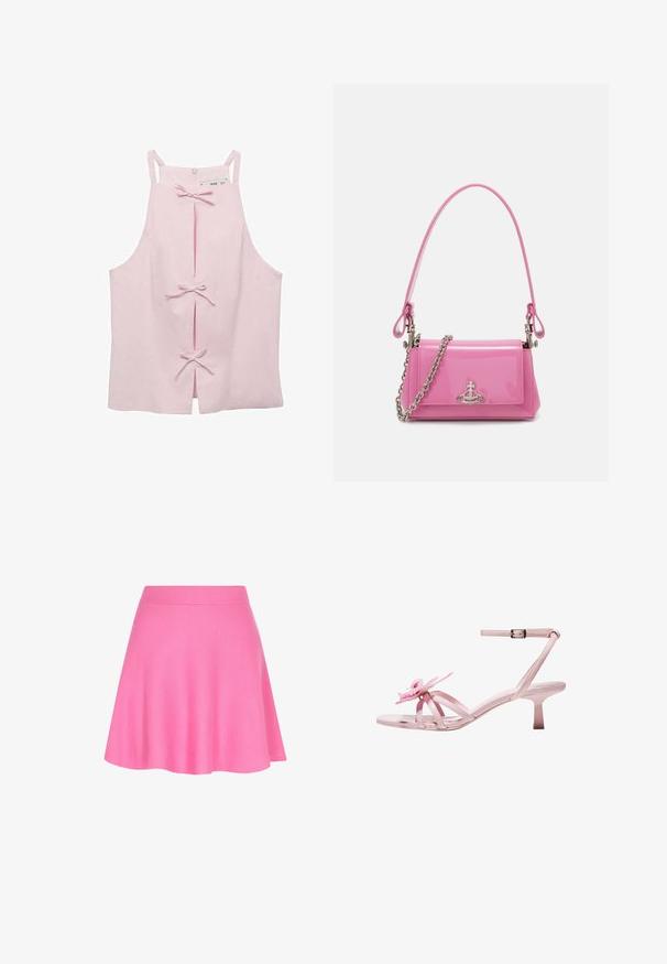 Vaaleanpunainen ilmanhiha toppi suoran leikkauksen kanssa, jossa on etupuolella viillot, jotka on kiinnitetty nauhoilla, ja takana vetoketju. Suora kangas.; Vaaleanpunainen neulottu hame, jossa on istuva vyötärö ja levenevä muotoilu, valmistettu pehmeästä kankaasta, joka lisää sileää tekstuuria.; Vaaleanpunaiset patenttilether-korkokengät, joissa on kukkakoristelu varpaassa, säädettävä nilkkahihna ja hoikka, lyhyt korko.; Vaalea vaaleanpunainen lakattu nahkakäsilaukku, jossa on suorakulmainen muoto, irrotettava ketjun olkaimet ja hopeiset yksityiskohdat edessä.