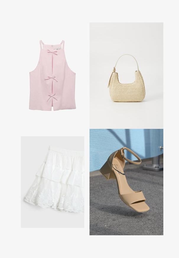 Top senza maniche di un delicato rosa chiaro con una linea dritta, caratterizzato da fessure frontali fissate con fiocchi e una chiusura lampo sul retro. Tessuto dalla texture liscia.; Gonna bianca a strati realizzata in tessuto leggero, con un design arricciato e bordi in pizzo floreale all'orlo. Vita elastica.; Sandalo beige con tacco blocco e punta quadrata, con cinghie minime e fibbia alla caviglia. Materiale liscio e opaco su una superficie grigia.; Borsa a tracolla intrecciata in paglia di colore beige, con una forma curva, manico corto e zip laterale. Presenta una superficie texturizzata e un design minimalista.
