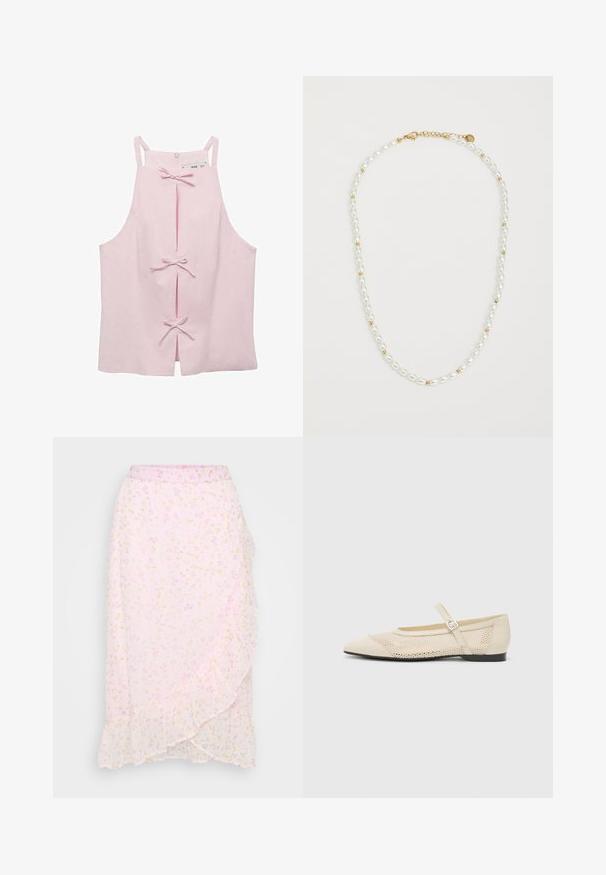Lyserød ærmeløs top med en lige skæring, der har frontslids, der er sikret med båndsløjfer, samt en lynlåslukning bagpå. Glat stofstruktur.; Vero Moda Petite VMSMILLA WRAP SKIRT - Tubenederdele - pink a boo/aura; Beige balletflader med spids tå, mesh design overlay og en side spænde. Flad sål med en glat tekstur.; Perlekæde med skiftende hvide ovale perler og små guldperler, med en guldspænde til lukning. Glat overflade generelt.