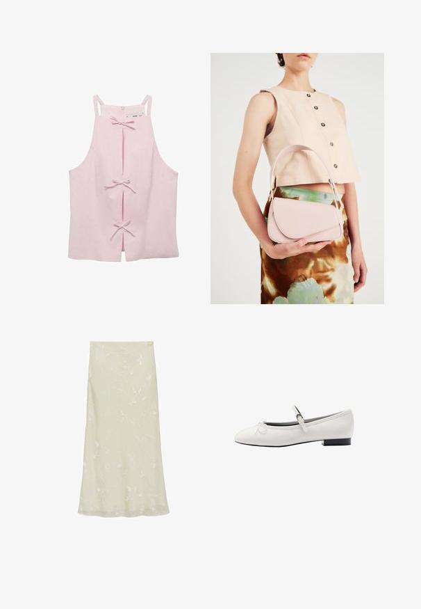 Vaaleanpunainen ilmanhiha toppi suoran leikkauksen kanssa, jossa on etupuolella viillot, jotka on kiinnitetty nauhoilla, ja takana vetoketju. Suora kangas.; Vaaleanvihreä midi-hame, joka on valmistettu läpikuultavasta kankaasta ja jossa on herkkiä valkoisia kukkakirjailuja sekä virtaava A-linjainen siluetti.; Valkoiset tasapohjaiset kengät Mary Jane -remmillä, pyöreällä kärjellä ja teksturoidulla pinnalla. Sisältää pienen nauhan yksityiskohdan ja matalan suorakulmaisen korot.; Vaaleanpunainen nahkakäsilaukku, jossa on kaareva läppä, yksittäinen olkahihna ja puhtaat linjat. Laukussa on sileä pinta ja minimalistinen muotoilu.; Kultaiset metallirannekkeet, joissa on hakattu pinta, avoimella muotoilulla ja sileillä reunoilla. Näytetään kaksi kokoa: yksi leveämpi ja yksi kapeampi.