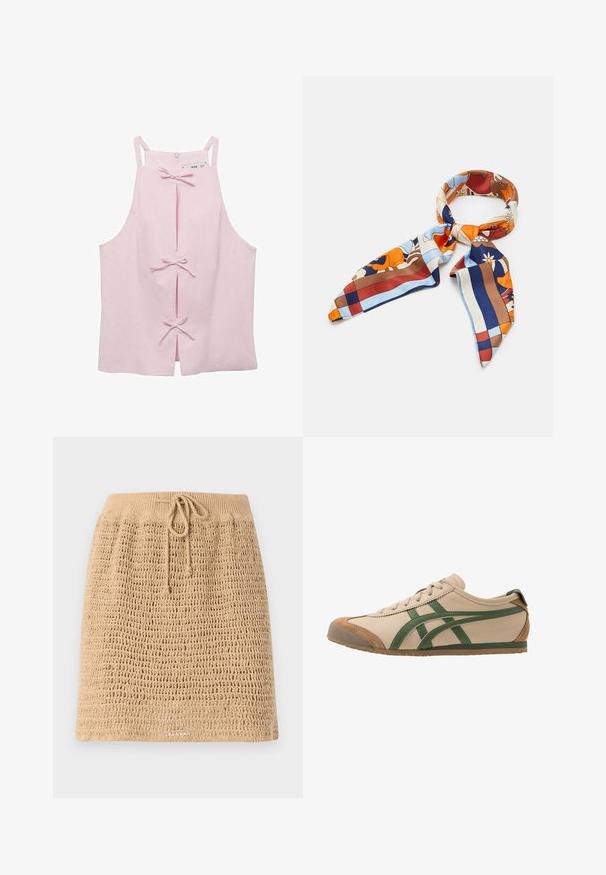 Lyserød ærmeløs top med en lige skæring, der har frontslids, der er sikret med båndsløjfer, samt en lynlåslukning bagpå. Glat stofstruktur.; Strikket beige nederdel med et struktureret, åbent vævdesign. Har en snor i taljen for justerbarhed. Kantlinjen er lige.; Beige lædersneaker med grønne accenter, der har en rund tå, flad sål og ruskindsdetaljer på tåkap og hæl.; Silke scarf med et farverigt blomster- og geometrisk mønster i nuancer af orange, blå, brun og creme. Triangulære ender med en glat tekstur.