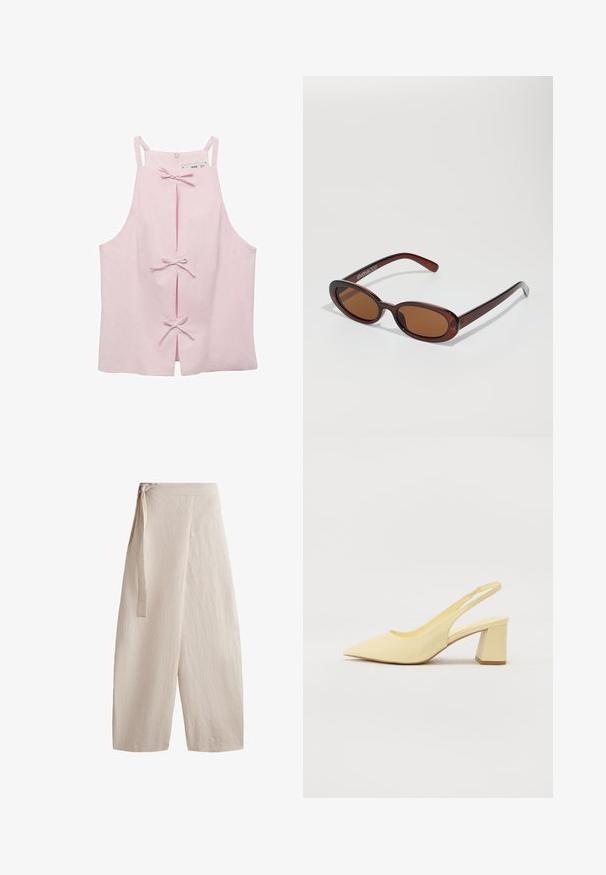Top senza maniche di un delicato rosa chiaro con una linea dritta, caratterizzato da fessure frontali fissate con fiocchi e una chiusura lampo sul retro. Tessuto dalla texture liscia.; Pantaloni beige a gamba larga realizzati in tessuto testurizzato, con vita alta, legatura in vita e vestibilità ampia con gambe dritte.; Pumps beige a punta con tacco a blocco, finitura liscia e dettagli con cinturino elastico su uno sfondo neutro.; Occhiali da sole rotondi con tonalità marrone, montatura lucida color bordeaux. Aste sottili con un sottile dettaglio del marchio. Design delle lenti piatte.