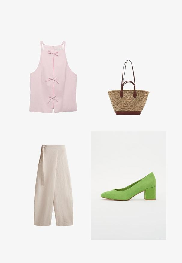 Světle růžový top bez rukávů se rovnými liniemi, s předními rozparky zajištěnými mašlemi a zipovým zapínáním na zádech. Hladká textura látky.; Béžové široké kalhoty vyrobené z texturovaného materiálu, se zavazováním v pase, vysokým pasem a volným střihovým provedením s rovnými nohavicemi.; Zelené semišové lodičky s kulatou špičkou a blokovým podpatkem. Textura je hladká a design zahrnuje nízko střihnutou střelku pro moderní siluetu.; Tkaná slaměná taška s pletenou texturou, tmavě hnědé kožené uchy a dnem, široký kulatý tvar a otevřený vrchní design.