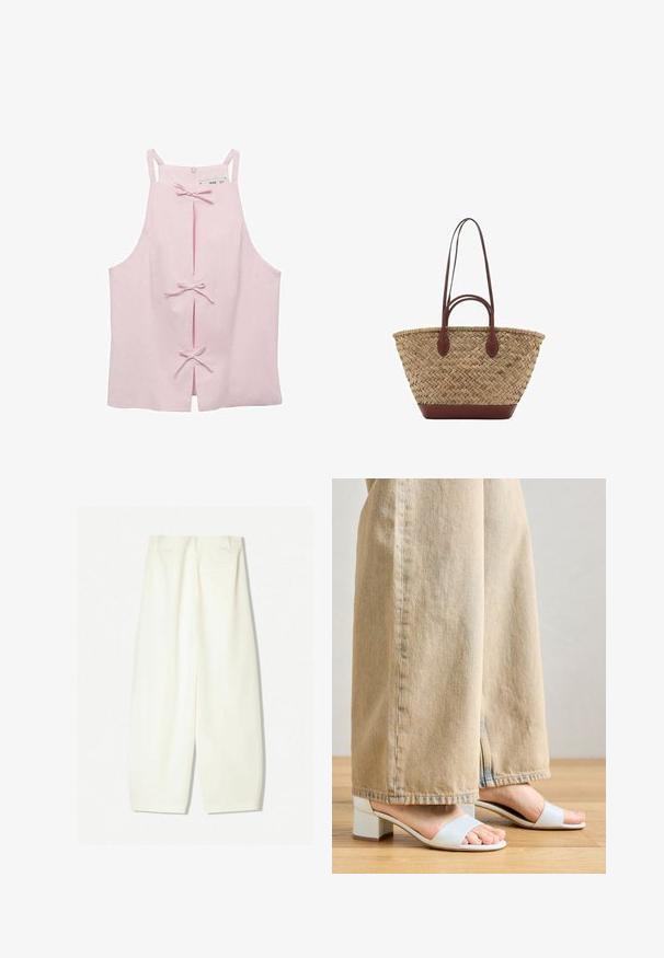 Light pink sleeveless top with a straight cut, featuring front slits secured by bow ties and a zip closure at the back. Smooth fabric texture.; Wide-leg trousers in a soft cream fabric, featuring a smooth texture, front pockets, and a relaxed fit with a mid-rise waistband.; Light blue block-heeled sandals with two wide straps. Worn with beige wide-leg pants, showcasing the shoe design against the fabric texture.; Woven straw tote bag with braided texture, dark brown leather handles and base, wide circular shape, and open top design.
