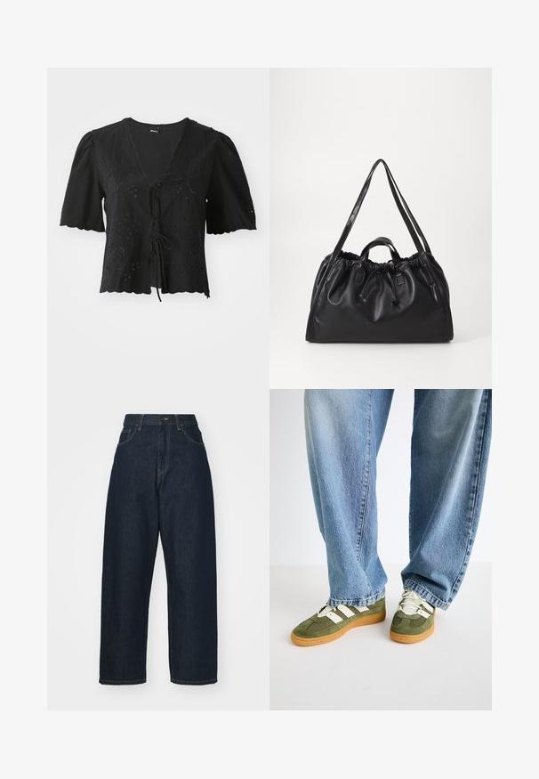 Musta lyhythihainen paita, joka on valmistettu kevyestä kankaasta. Siinä on kukka-ompeleita, V-kaula-aukko ja nauhakiinnitys edessä. Hammastettu helma.; Tummansiniset farkut, joissa on leveä lahje ja korkea vyötärö. Edessä on taskut ja perinteinen ompelu. Sileä pinta, suora leikkaus.; Vihreät tennarit, joissa on valkoiset raidat ja teksturoitu kangas, yhdistettynä vaaleansinisisiin, ylisuurikokoisiin farkkuihin, joissa on suora lahkeensuukappale.; Musta nahkalaukku, jossa on kerätty yläosa, nyörisuljenta, kaksoiskahvat ja pitkät olkahihnat. Pehmeä pinta ja minimalistinen muotoilu.