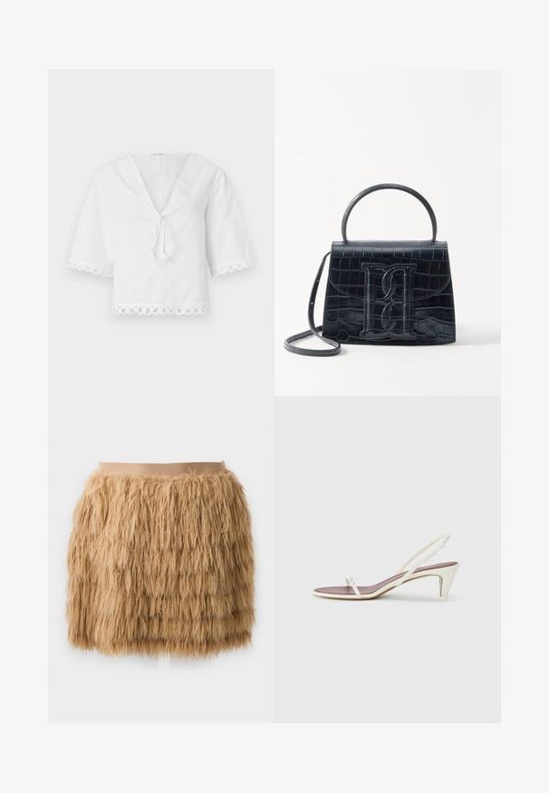 White cotton blouse with a v-neck, tie detail at the front, and scalloped lace trim on sleeves and hem. Short puff sleeves.; Tan faux fur skirt with a shaggy texture. Features a smooth, wide waistband and a layered design for added volume.; White slingback sandals with a slight heel, thin straps, and a smooth leather texture; features a small decorative buckle.; Black crocodile-embossed leather handbag with a structured design, top handle, adjustable strap, and a prominent front logo detail.
