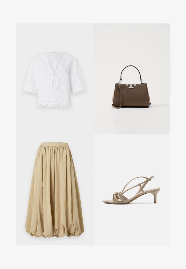 Bluză albă din bumbac cu decolteu în V, detaliu cu fundiță în față și dantelă cu margini ondulate pe mâneci și tiv. Mâneci scurte tip puff.; Fustă midi bej cu talie plisată, pânză fluidă și formă voluminoasă, având o suprafață texturată și detalii subtile de cută.; Sandale cu toc din piele patent bej, cu barete încrucișate, vârf deschis și un toc subțire, de înălțime medie, având o talpă de un maro deschis.; Geantă din piele maro, cu o formă structurată, elemente de metal cu ton argintiu și mânere duble. Dispune de un accent cu logo pe față și o curea detașabilă.