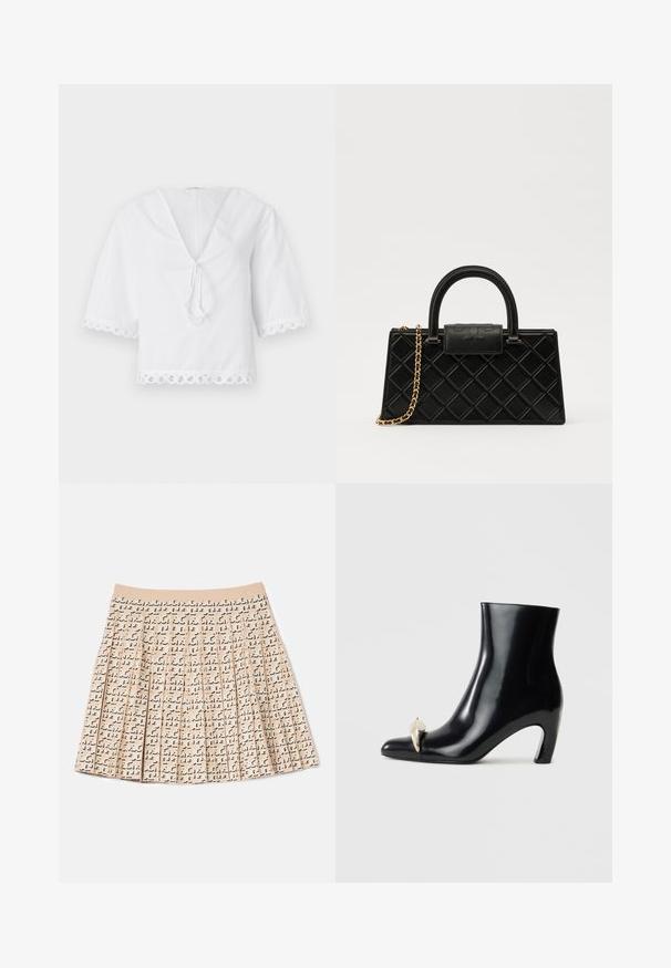 White cotton blouse with a v-neck, tie detail at the front, and scalloped lace trim on sleeves and hem. Short puff sleeves.; Pleated skirt made of beige fabric with a repeating black pattern. Features a soft waistband and a slightly flared design.; Black ankle boot made of glossy leather, featuring a pointed toe and a decorative gold and silver accent at the front. Block heel design.; Black handbag made of textured leather, featuring a diamond pattern, gold-tone chain strap, and a top handle with a logo-embossed flap closure.