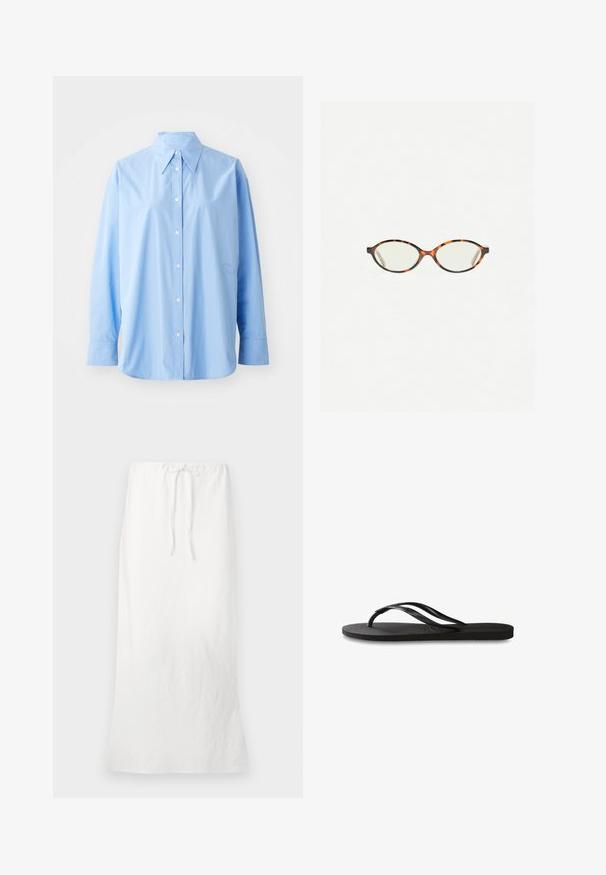 Világoskék, gombos pamut ing. Klasszikus gallérral, hosszú ujjakkal és finom hímzett részlettel a bal oldalon.; Fehér len maxi szoknya rugalmas derékkal és zsinórral. Simaság, egyenes vonalvezetés és térd fölé érő hossz.; Fekete papucs texturált gumitalppal, két vékony pánttal és finom, domború logóval a pánton.; Tortábar színű szemüveg ovális lencsékkel és sima, elegáns felülettel. Vékony szárakkal rendelkezik, amelyeken finom ív található a halántéknál. Átlátszó lencsék.