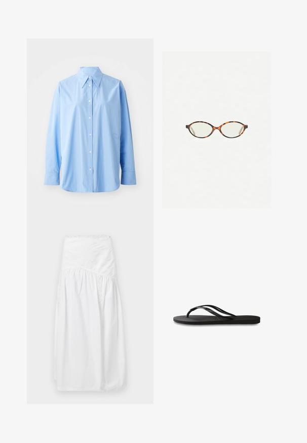 Lysblå skjorte med knaplukning, lavet af bomuld. Har en klassisk krave, lange ærmer og diskrete broderede detaljer på venstre side.; sandro JUPE - Maxinederdele - blanc; Sorte flip-flop med en tekstureret gummisål, to slanke stropper og et subtilt, præget logodetalje på stroppen.; Skildpaddebriller med ovale linser og en elegant, glat finish. Har tynde sider med en subtil kurve ved tindingerne. Klare linser.