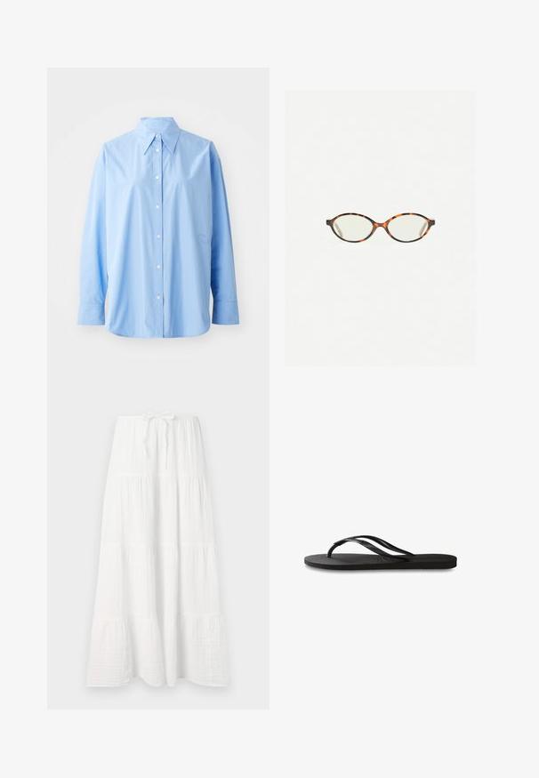 Svetlo modrá košela na gombíky z bavlny. Má klasický golier, dlhé rukávy a jemný vyšitý detail na ľavej strane.; Biela dlhá sukňa z textúrovanej látky, ktorá má horizontálne pruhy a nastaviteľný pás na prispôsobenie. Hladký, plynulý dizajn.; Čierne žabky s textúrovanou gumovou podrážkou, dvoma štíhlymi popruhmi a diskrétnym embosovaným logom na popruhu.; Korytnačkové okuliare s oválnymi šošovkami a hladkým, lesklým povrchom. Majú tenké strany s jemným zakrivením na spánkoch. Priehľadné šošovky.; Mango Veľká kabelka - dark brown