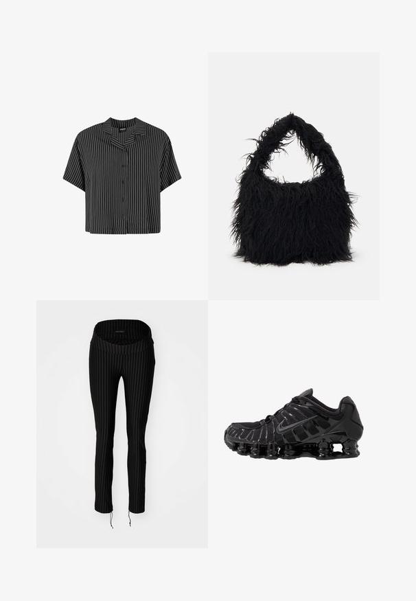 Črna in bela prugasta kratkosleečna srajca z izrezanim ovratnikom in gumbnim zapenjanjem, ki ima kvadratno krojenje in lahkotno tkanino.; Črne hlače s pepita vzorcem in širokim, zloženim pasom ter z vrvicami na dnu. Narejene so iz raztegljivega materiala, ki nudi oprijet silhueto.; Črne atletske čevlje z mrežasto zgornjico in sijočimi detajli. Imajo ukrivljeno podložitev iz vzmeti in teksturirane linije na strani. Logotip Nike je viden.; Even&Odd Torba za nakupovanje - black