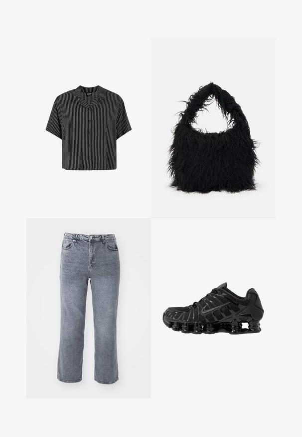 Juodos ir baltos dryžuotos trumpomis rankovėmis marškiniai su įpjovimu ant apykaklės ir mygtukais priekyje, pasižymintys stačiakampiu siluetu ir lengvu audiniu.; Pilkai džinsai su aukštu liemeniu, pagaminti iš džinsinio audinio, turintys tiesią kojų sijoną, du priekiniai kišenės ir vieną užpakalinę kišenę su nežymiais nudilimo ženklais.; Juodas sportinis batai su tinklinėmis viršutinėmis dalimis ir blizgiomis detalėmis. Yra kreivai suformuota spyruoklinė amortizacija ir tekstūruoti brūkšniai šone. Matomas Nike logotipas.; Even&Odd Pirkinių krepšys - black