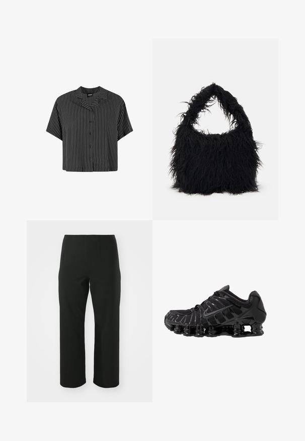 Camicia a maniche corte a righe bianche e nere con colletto a contrasto e chiusura a bottoni, caratterizzata da un taglio ampio e un tessuto leggero.; Vero Moda Curve VMCAUGUSTA PANT - Pantaloni - black; Scarpa sportiva nera con tomaia in mesh e sovrapposizioni lucide. Presenta un'imbottitura a molla curva e linee texturizzate sul lato. Logo Nike visibile.; Even&Odd Shopping bag - black