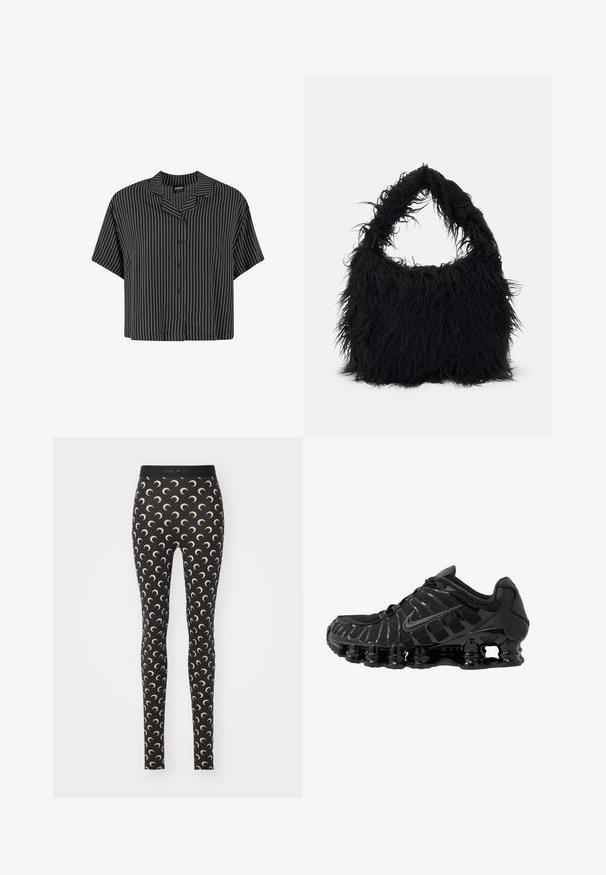 Černobíle pruhovaná košile s krátkým rukávem, klopovým límcem a knoflíkovým zapínáním, s boxy střihe a lehkým materiálem.; Černé legíny s opakujícím se vzorem srpkové měsíce v světlé béžové barvě. Vyrobené z elastického materiálu s elastickým pasem.; Černá sportovní bota s síťovaným svrškem a lesklými detaily. Má zakřivené odpružení z pružin a texturované linie na straně. Viditelné logo Nike.; Even&Odd Velká kabelka - black