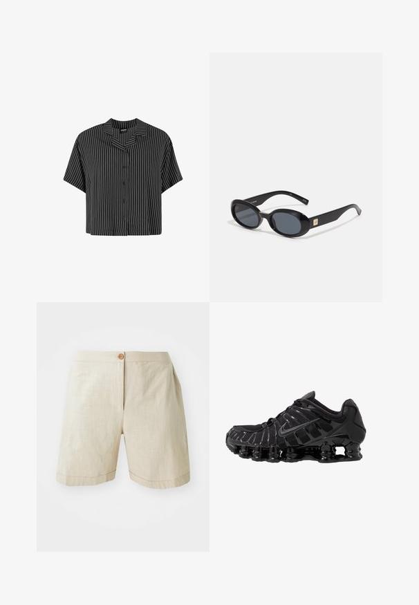 Mustavalkoraitainen lyhythihainen paita, jossa on lovettu kaulus ja nappilista. Paidassa on laatikkomainen leikkaus ja kevyt kangas.; Beige pellavashortsit, joissa on napin suljenta, rento malli ja käänteet helmassa. Tasainen kangas, jossa on hienovarainen kudottu kuvio.; Mustat urheilukengät, joissa on verkkoyläosa ja kiiltävät yksityiskohdat. Varustettu kaarevalla jousituksella ja teksturoiduilla viivoilla sivuilla. Nike-logo näkyvissä.; Mustat ovaalit aurinkolasit tummilla linsseillä, kiiltävä muovikehys, leveät sivut ja pieni kultainen yksityiskohta toisella puolella.