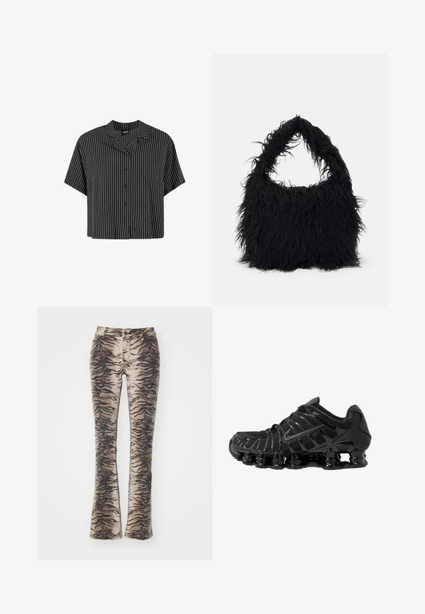 Melnā un baltā svītrota īsām piedurknēm krekls ar izgrieztu apkakli un pogu priekšpusi, ar kastei līdzīgu griezumu un vieglu audumu.; Platākas bikses, kas izgatavotas no auduma ar bēša un melna tīģera svītru rakstu, ar priekšējām kabatām un rāvējslēdzēju.; Melnas sporta kurpes ar sietveida augšdaļu un spīdīgām virsmas daļām. Iezīmēta ar izliekta spirāla spilvenu un teksturētām līnijām sānos. Redzams Nike logo.; Even&Odd Maisiņveida soma - black