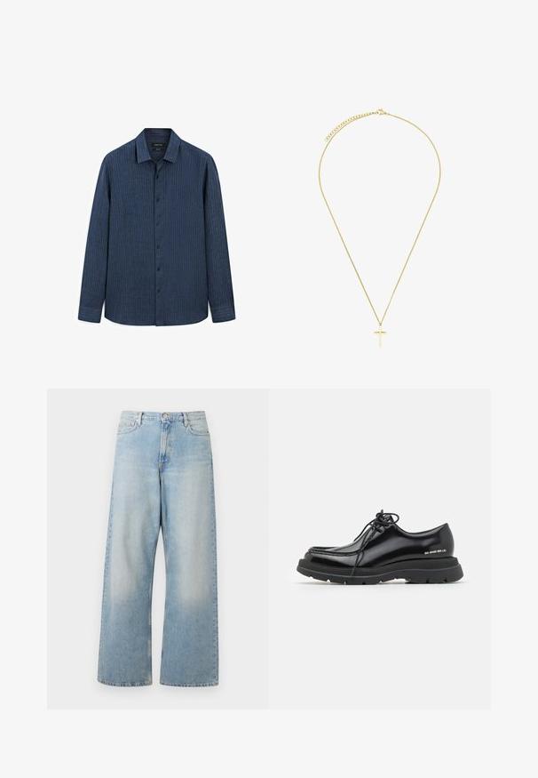 Niebieska koszula z guzikami, w paski, z kołnierzykiem, długimi rękawami, czarnymi guzikami i prostym dołem. Wykonana z lekkiego materiału o subtelnej teksturze.; Biały bawełniany top na ramiączkach z okrągłym dekoltem, szerokimi ramiączkami i prostym dołem, charakteryzujący się gładką teksturą i brakiem widocznych wzorów.; Jasnoniebieskie spodnie dżinsowe z szerokimi nogawkami, wykonane z denimu, z wysokim stanem, kieszeniami z przodu oraz wyblakłym wykończeniem z delikatnym sztruksowaniem na udach.; Czarne skórzane buty na dress code z okrągłym noskiem, grubą gumową podeszwą, sznurowanym designem oraz charakterystycznym przeszyciem wzdłuż krawędzi.; Naszyjnik z łańcuchem w odcieniu złota, z prostym zawieszką krzyża. Łańcuch ma fakturę z delikatnym wzorem ogniw, a zawieszka jest gładka z polerowanym wykończeniem.
