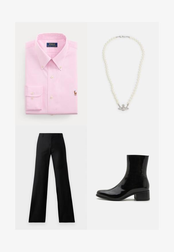 Vaaleanpunainen, pitkähihainen napillinen paita, jossa on terävä kaulus, helmiäisnapit ja pieni kirjottu polo-pelaajan logo rinnassa.; Mustat leveälahkeiset housut, jotka on valmistettu sileästä kankaasta. Niissä on keski-korkea vyötärö ja edessä laskokset, jotka tarjoavat räätälöidyn siluetin.; Musta kiiltävä nilkkabootit pyöreällä kärjellä, keskipitkällä lohkaremmillä ja sileällä pinnalla. Saumaton muotoilu ilman näkyvää metalliosaa.; Helmi kaulakoru, jossa on hopeanvärinen kiinnitys. Korussa on pyöreitä valkoisia helmiä ja koristeellinen, kimalteilla koristeltu keskipiste.