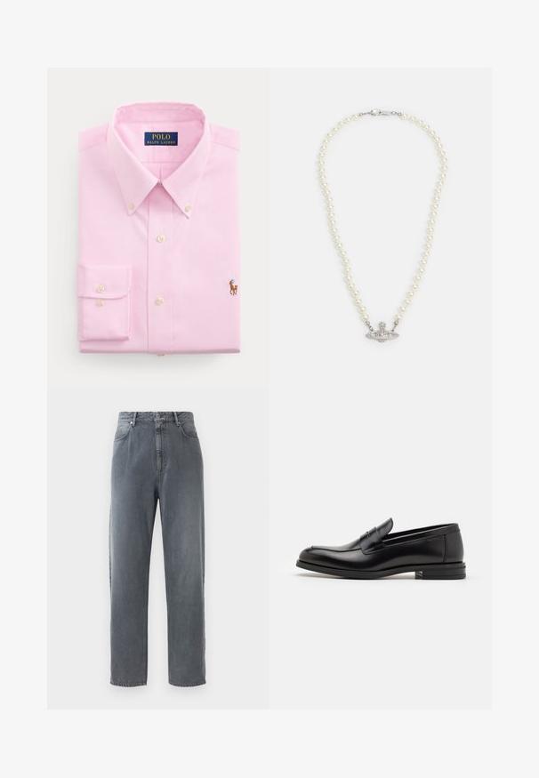 Gaiši rozā garām piedurknēm pogām aiztaisāma krekla ar smailu apkakli, pērļu pogām un nelielu izšūtu polo spēlētāja logo uz krūtīm.; Augstās jostasvietas taisnas kājas džinsi izbalējušā pelēkā denima, ar piecām kabatām, pogas aizdari un vieglu izbalēšanu audumā.; Melnas ādas kurpes ar gludu tekstūru, noapaļu purngalu un dekoratīvu siksniņu pāri priekšpusei. Zems sakrauts papēdis, minimālisma dizains.; Pērļu kaklarota ar sudraba toņu aizdari. Iezīmes apaļas baltas pērles un dekoratīvs centrs, izrotāts ar rhinestone.