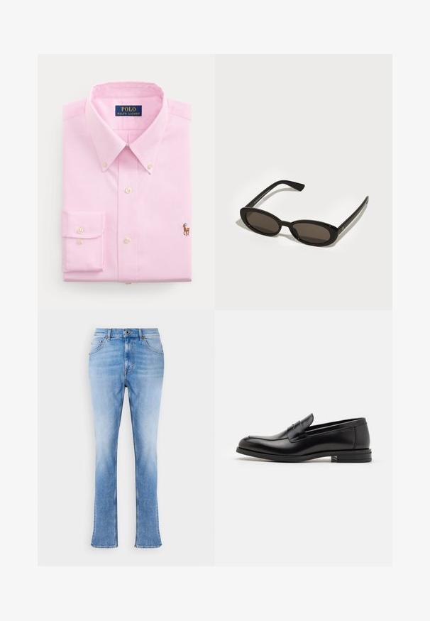 Svijetloružičasta košulja dugih rukava na kopčanje s ovratnikom u obliku špice, gumbima od perli i malim vezanim logotipom polo igrača na prsima.; Svijetloplave traperice s ravnim krojem i blago proširenim gležnjevima. Imaju klasični dizajn s pet džepova i zatvaranje na brass dugme.; Crni kožni mokasini s glatkom teksturom, zaobljenim prstima i ukrasnom trakom preko prednjeg dijela. Niski slojeviti potplat, minimalistički dizajn.; Crne naočale za sunce s ovalnim, poluokvirnim lećama. Sjajni okviri i elegantne drške. Tamno izađene leće s minimalnim detaljima metalnih dijelova.; Ogrlica od bisera s kopčom od srebrne boje. Ima okrugle bijele bisere i dekorativni središnji dio ukrašen rhinestones kamenčićima.