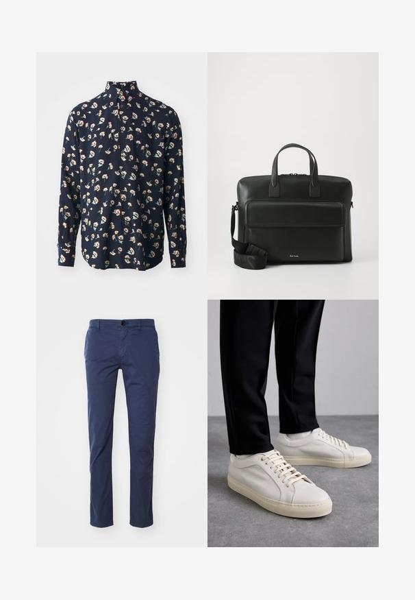 Paul Smith REGULAR FIT SHIRT - Krekls - black; Jūras zila kokvilnas chinos bikses ar taisnu kāju dizainu, ar vienu priekšējo pogu un sānu kabatām. Gluda tekstūra, klasiskā piegriezuma.; Gai beige ādas kedas ar plakaniem šņorēm, teksturētu virsmu un kontrastējošu krēmkrāsas gumijas zoli, apvienotas ar melniem pieguļošiem biksēm.; Melna ādas portfelis ar divām augšējām rokturiem, priekšējo kabatu un noņemamu siksnu, ar diskrētu zīmolu apakšā.