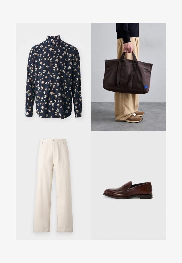 Paul Smith REGULAR FIT SHIRT - Pluus - black; Beezid laiad püksid, mis on valmistatud puuvillast. Omavad ees olevaid nööpe, vööpaelu ja puhas, kaunistusteta disain, millel on tekstuuriga viimistlus.; Pruunist nahast loafers'd ümara varbaga, eesrinde rihma detailiga ja madala kühveldatud kanna ning siledalt tekstuurilt, minimaalse dekoratiivsete aktsentidega.; Pruun nailonist kott kahekordsete käepidemetega, lukuga sulgemine ja sinine logo silt. Sile tekstuur, struktureeritud disain, avar sisemus.