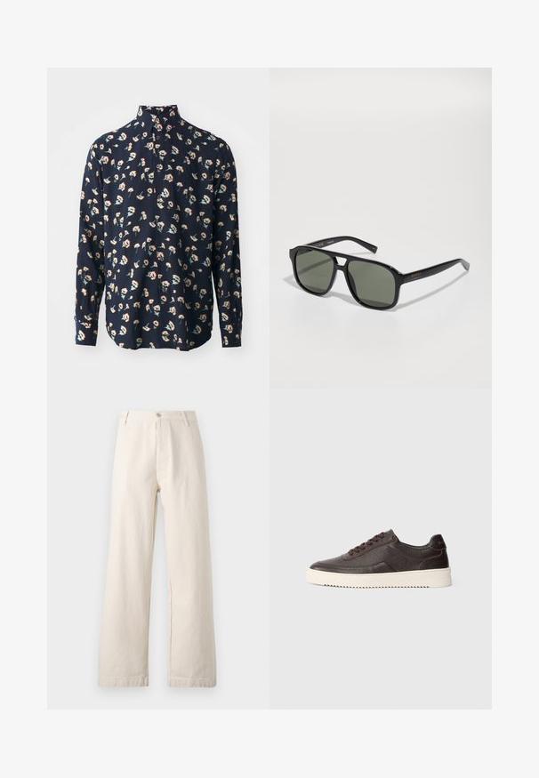 Paul Smith REGULAR FIT SHIRT - Skjorte - black; Beige vide bukser laget av bomull. Har en frontknapp med glidelås, beltesløyfer og et rent, uornamentert design med en teksturert finish.; Mørkebrune lærersneakers med teksturert finish, rund tå og kontrasterende kremgummisåle. Har snøring og subtile sømdetaljer.; Svarte rektangulære solbriller med grønne linser, blank ramme, metallisk beslag og gulllogo aksent på stangen.