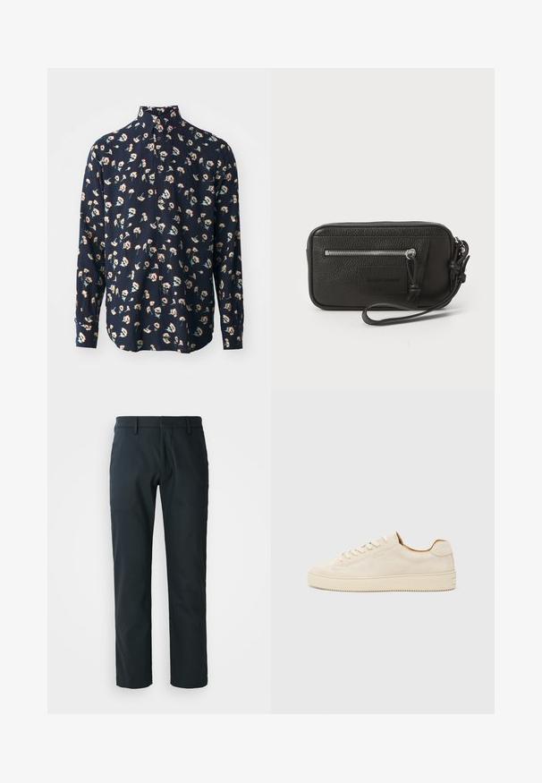 Paul Smith REGULAR FIT SHIRT - Skjorte - black; Sorte, rette benbukser laget av glatt stoff; har beltehemper og flat frontdesign. Side lommer inkludert.; Beige semsket sportssko med lav topp, rund tå, flate lisser og en teksturert gummisåle. Minimalistisk stil uten synlige logoer.; Svart lær clutch med teksturert overflate, frontlomme med glidelås og avtakbar håndleddsreim. Har en logo-patch på fronten. rektangulær form.