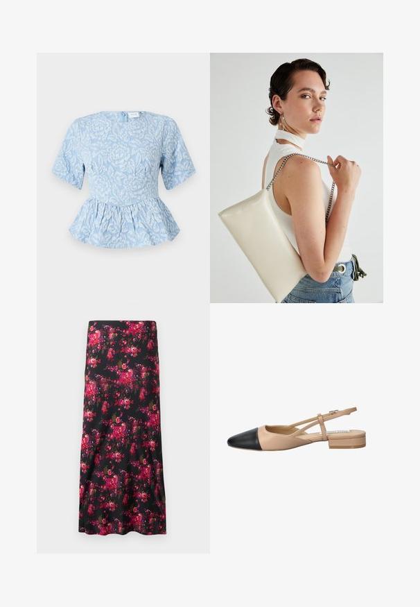 Lichtblauw peplumtop met korte mouwen, geperforeerde bloem- borduursels, ronde halslijn en een verborgen rits aan de achterkant.; Zwarte bloemen midi-rok met een levendig patroon van roze en rode bloemen. Glad materiaal, A-lijn vorm, met een brede zoom.; Beige en zwarte twee-tonen slingback schoen met een spitse neus, platte hak en kruislings banddetail. Gladde leren textuur.; Witte rechthoekige clutch tas gemaakt van glanzend materiaal, met een zilveren kettingband. Model poseert en toont de tas tegen een effen achtergrond.