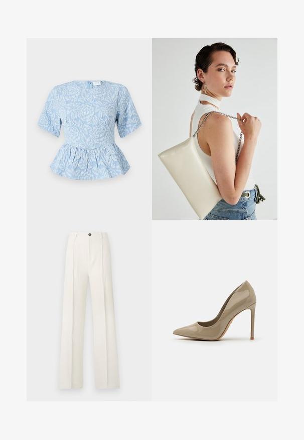 Heleheline peplum topp lühikeste varrukatega, tekstuurse lillelise tikandiga, ümmarguse kaelusega ja peidetud selja lukuhoidjaga.; Valged laiad püksid kõrge vöökohtuga, millel on kaks eesmist pleedi, ainus nööpkinnitus ja taskud. Sile kangastekstuuri.; Beežist lakist kõrge kontsaga king, millel on terav varvas, stiilne siluett ja stilettokonts. Sile tekstuur minimaalse detaili kanssa.; Valge ristkülikuline kotti, mis on valmistatud läikivast materjalist, hõbedase ahelsangaga. Mudel poseerib, tutvustades kotti ühtlase taustaga.