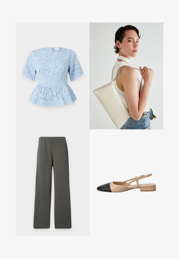 Šviesiai mėlynas peplum stilius marškinėliai su trumpomis rankovėmis, tekstūruota gėlių siuvinėjimu, apvalia iškirpte ir paslėptu užtrauktuku nugarinėje dalyje.; Tamsiai pilki aukšto liemens plačių kojų kelnių su elastiniu juosmeniu, patalpinti ant balto fono.; Kreminė ir juoda dviejų tonų slingback avalynė su smailiu pirštu, plokščiu kulnu ir kryžminiu dirželiu. Lygaus odos paviršius.; Balta, stačiakampio formos rankinė pagaminta iš blizgaus medžiagos, su sidabriniu virvute. Modelis pozavo, demonstruodamas rankinę prieš paprastą foną.