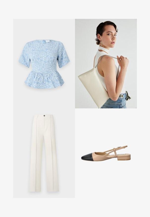 Svetlomodrý peplum top s krátkymi rukávmi, textúrovanou kvetinovou výšivkou, okrúhlym výstrihom a skrytým zipsom na chrbte.; Biele široké nohavice s vysokým pásom, ktoré majú dva predné skladania, jednoposchodové zapínanie a vrecká. Hladká textúra látky.; Bežovo-čierne dvojfarebné slingback topánky s špicatou špičkou, plochým podpätkom a prekríženými detailmi remienkov. Hladká kožená textúra.; Biely obdĺžnikový kabelka z lesklého materiálu s strieborným reťazovým popruhom. Model predvádza kabelku na jednotnom pozadí.