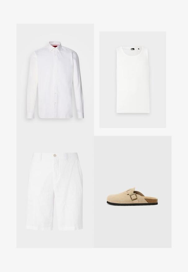 Bijela košulja dugih rukava od pamuka, s klasičnim ovratnikom, prednjim kopčanjem na gumbe i glatkom teksturom. Crvena unutrašnjost ovratnika.; Bijela majica bez rukava od rebrastog materijala, s okruglim izrezom i malim logom brenda sprijeda.; Bijele lanene hlače s dugmetom, imaju opušteni kroj, ravni rez i bez vidljivih uzoraka ili akcenta. Glatka tekstura.; Bež semisoft cipele s otvorenom petom, s plutenom unutrašnjosti, zaobljenim nožnim prstom i jednostavnom trakom sa zlatnim kopčanjem. Gumeni potplat za bolji grip.