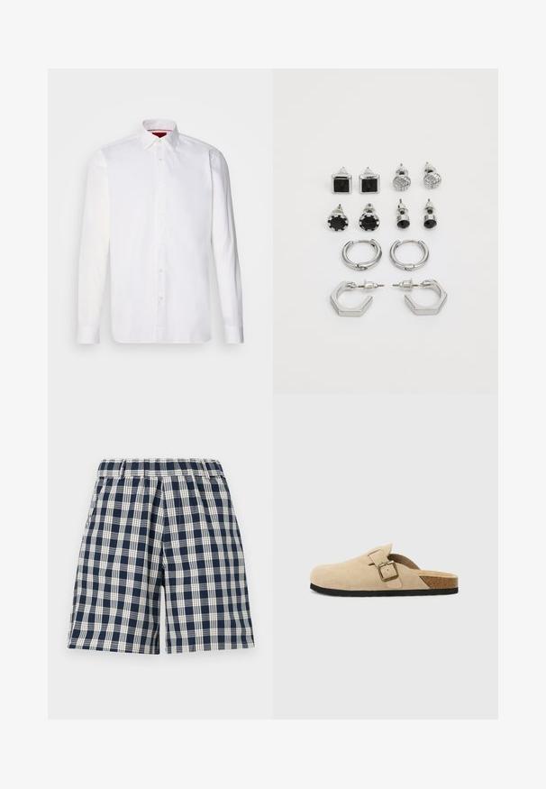 Vit långärmad skjorta i bomull med klassisk krage, framknäppning med knappar och en mjuk struktur. Röd detalj på insidan av kragen.; Marinblå och vita rutiga shorts med elastisk midja. Har en lös passform och rak skärning. Tillverkad av textil material, lämplig för avslappnad användning.; Beiga mockasiner i mocka med korkfot, rund tå och en enkel rem med ett spänne i guldton. Gummisula för bra grepp.; Sats med silverfärgade örhängen som består av två par hoops och sex par studs i olika former och texturer, inklusive svarta detaljer.