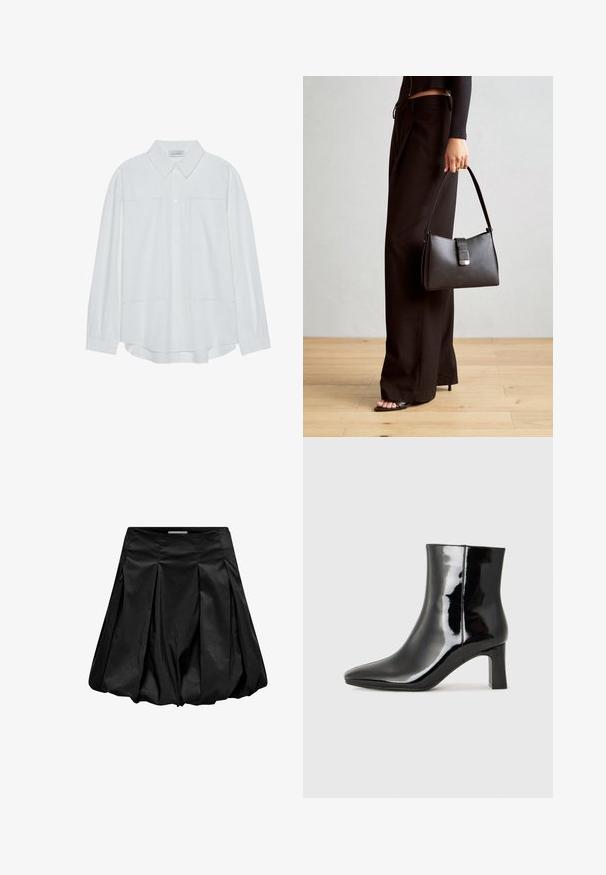 Hvit langermet skjorte med knapper laget av et glatt stoff, med klassisk krage, to frontlommer og rynkede mansjetter.; Svart skjørt med plissert design, laget av et skinnende, glatt stoff. Det har en utsvingt form, med en stram bunn og en bred midjebånd.; Sorte patentlær ankle boot med spiss tå og en mellomhøy blokkhelt. Glatt tekstur og minimalistisk design.; Svart håndveske med strukturert form, jevn tekstur og metallisk lås. Kombinert med brede svarte bukser og sandaler med åpen tå på tregulv.