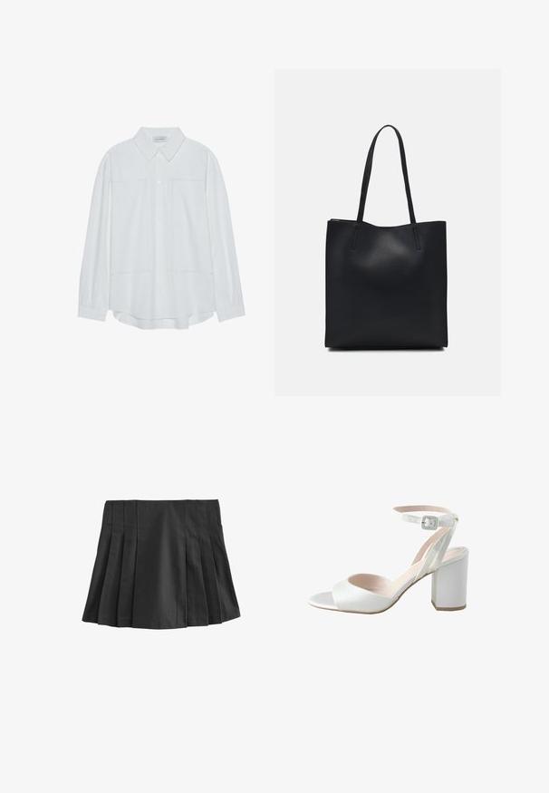 Bela srajca z dolgimi rokavi s copatki, izdelana iz gladkega materiala, z tradicionalnim ovratnikom, dvema sprednjima žepoma in zbrano manšeto.; Črna plisé mini krila z elastičnim pasom. Narejena iz gladkega materiala, s številnimi vertikalnimi pregibi za teksturo in oblikovanje.; Bele sandale na visoki peti bele barve z sijočim satinastim zgornjim delom, širokim blok peto in zankasto naramnicjo z majhnim sponko. Gladke teksture, minimalistična zasnova.; Črna usnjena torba s svilnato teksturo, pravokotne oblike in dvema dolgima ročajema. Brez vidnih metalnih delov ali okrasnih elementov.