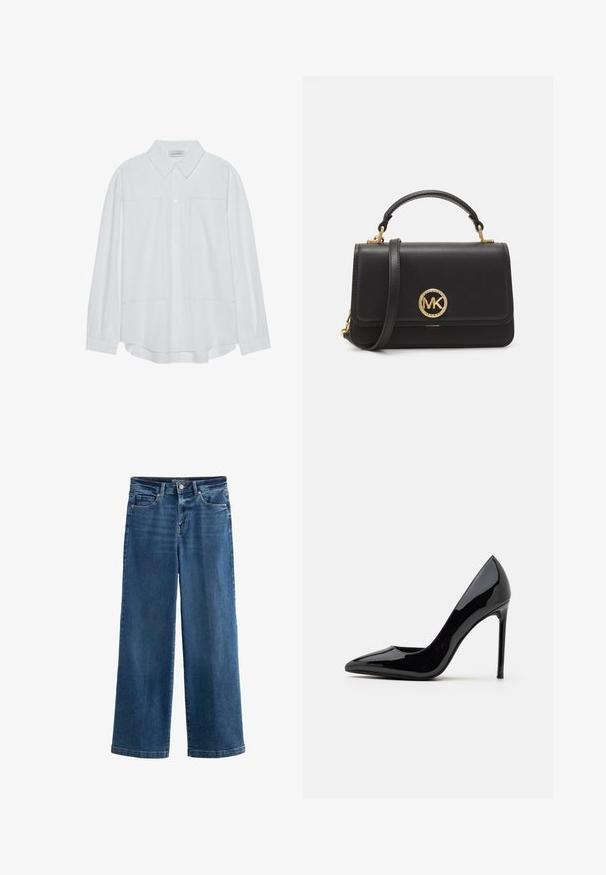 Weißes langärmliges Hemd mit Knopfleiste aus glattem Stoff, mit klassischem Kragen, zwei vorderen Taschen und geschliffenen Manschetten.; Blaue weit geschnittene Jeans aus Denim mit hoher Taille, fünf Taschen, subtilen Abnutzungserscheinungen, Knopfverschluss und kontrastierenden Nähten.; Call it Spring MESMERIZE - Pumps - other black; Schwarze Lederhandtasche mit strukturiertem Design, ausgestattet mit einem goldenen, runden Logo, einem oberen Griff und einem abnehmbaren Schultergurt.