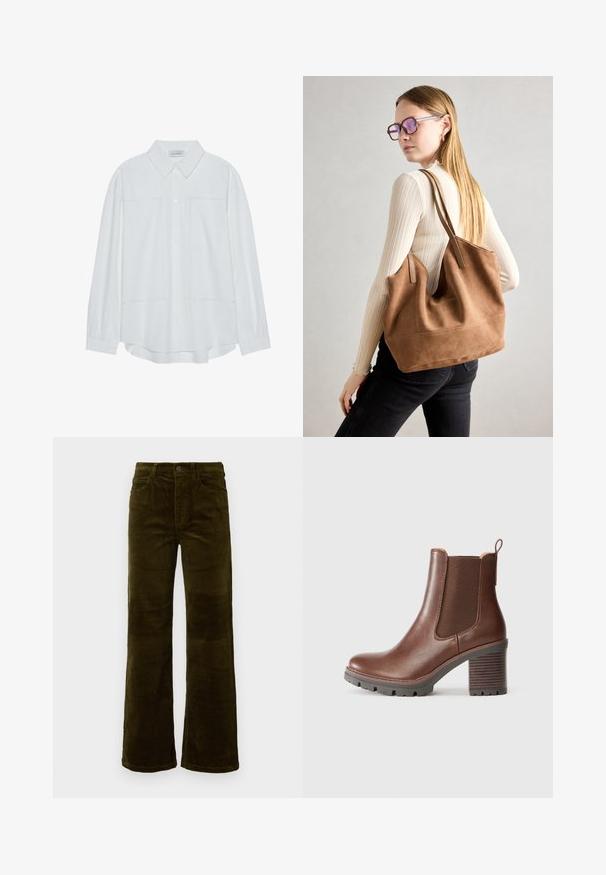 Camisa blanca de manga larga con botones, hecha de una tela suave, que presenta un cuello clásico, dos bolsillos frontales y puños fruncidos.; Pantalones de pana acampanados en un profundo verde oliva. Cuenta con cinco bolsillos, un cierre de botón y una textura acanalada vertical. Ajuste estándar con un diseño clásico.; Bota de tobillo de cuero marrón con paneles laterales elásticos, puntera redonda y tacón de bloque texturizado. Cuenta con una lengüeta para facilitar el calzado.; Bolso de tote de ante marrón con textura suave, gran abertura y asas largas. Presenta un diseño sencillo con costuras visibles y sin herrajes.