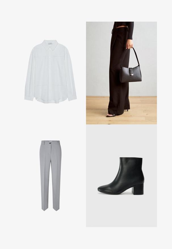 Valkoinen pitkähihainen nappipaita, joka on valmistettu sileästä kankaasta. Paidassa on klassinen kaulus, kaksi etutaskua ja kootut hihansuut.; Harmaat räätälöidyt housut suoran lahkeen kanssa, valmistettu sileästä kankaasta. Ominaisuuksina etupainike ja kaksi etutaskua.; Musta nahkasaappaat nilkkapituudella, jossa on terävä kärki ja paksu korko. Silkkinen pinta, jossa on minimaaliset yksityiskohdat ja tyylikäs, istuva muotoilu.; Musta käsilaukku, jossa on rakenteellinen muoto, sileä pinta ja metallinen solki. Yhdistetty leveisiin mustiin housuihin ja avonaiheisiin sandaaleihin puulattialla.
