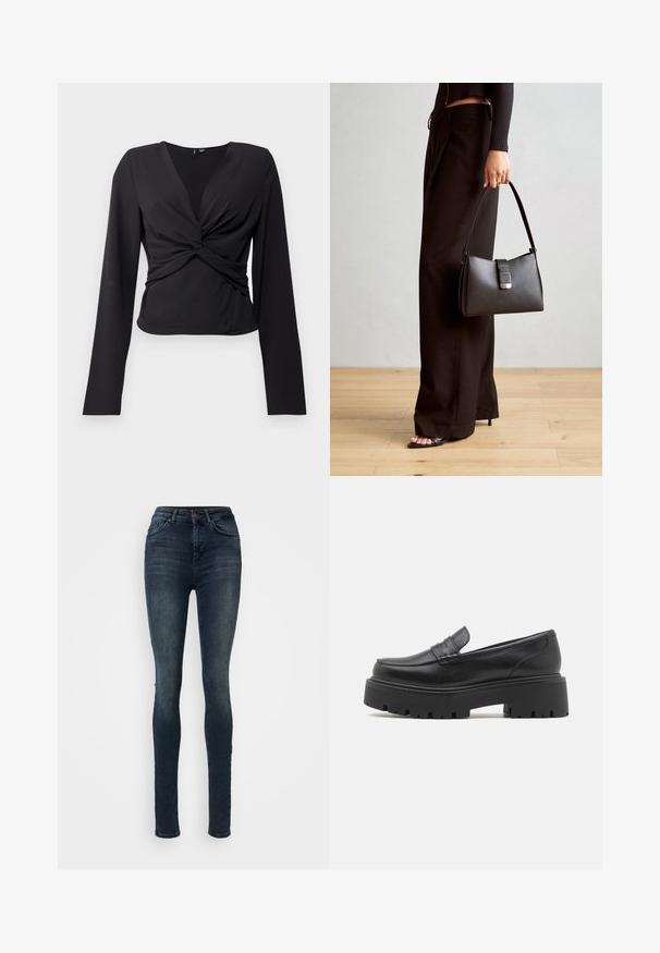 Melna garām piedurknēm augšdaļa ar apvelkošu dizainu, kas ietver savērptu fronti un gludu tekstūru. Izgatavota no elastīga auduma, lai radītu pieguļošu izskatu.; Šauras džinsus tumši zilā denimā. Augsta jostasvieta ar piecu kabatu stilu, ar maigi izbalinātu tekstūru un priekšējo metāla pogu aizdari.; Melnas ādas loafer kurpes ar zemu, masīvu gumijas zoli, uz augšas izšūtām detaļām un gludu tekstūru.; Melnā somiņa ar strukturētu formu, gludu tekstūru un metālu sprādzi. Saskaņota ar platām melnām biksēm un sandālēm ar atvērtu purngalu uz koka grīdas.; Sudraba stīpas auskari ar gludu, spīdīgu virsmu, izceļas ar izliektaveida formu un aizdari ar tapu. Minimālistisks dizains ar mūsdienīgu apdari.