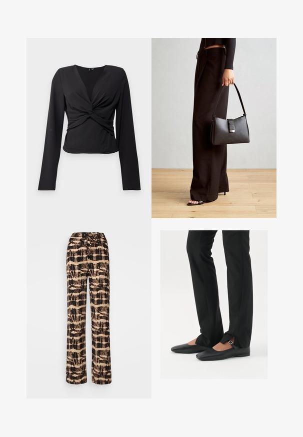 Must mustre lohkev varrukas topp, millel on keeratud esiosa ja sile tekstuur. Valmistatud venivast kangast, et saavutada paremini istuv välimus.; Täpse jalaga püksid kergest kangast, millel on must ja beež abstraktne muster. Reguleeritav paelaga vöökoht, mugav lõige.; Mustadast mustast nahast balletkingad terava ninaga, millel on rihm hõbedase klambriga, kokku sobitatud mustade ülikondpükstega, millel on lõhiku serv.; Must musta kott, millel on struktureeritud kuju, sile tekstuur ja metallist klamber. Kombineeritud laiate mustade pükstega ja avatud varvaste sandaalidega puidust põrandal.; Hõbedast rõngaskõrvarõngad sileda ja läikiva pinnaga, kõveriku kujuga ning postitaksega sulgur. Minimalistlik disain kaasaegse viimistlusega.