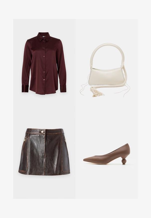 Burgundivärinen, pitkähihaisella satiinipaidalla on terävä kaulus ja napitus edessä, esitetty litteänä valkoista taustaa vasten.; Ruskea nahkainen mini-hame, jossa on tyylikäs muotoilu, kaksi vetoketjullista sivutaskua ja kontrastiväriset ompeleet reunoilla.; Ruske kožne čevlje na visoki peti s špičastim nosom in edinstvenim zaobljenim krogličnim petam. Gladka tekstura, eleganten dizajn in minimalistični detajli.; Käsilaukku kermansävyinen, jossa on pyöreä kahva, vetoketjukiinnitys ja tupsuyksityiskohta. Yksityiskohtana on sileä nahkapinta ja kontrastivärinen kangasreuna.