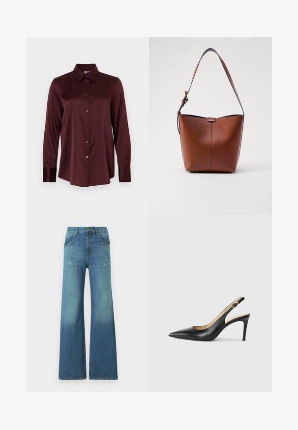 Burgundy long-sleeve button-up shirt made of smooth fabric, featuring a classic collar and buttoned cuffs, with six front buttons.; Flared blue denim jeans with a light wash gradient, featuring five-pocket design, zip fly, and brass button detail at waistband.; Black leather slingback high heels with a pointed toe, adjustable strap, and a sleek stiletto heel, featuring a smooth finish.; Brown leather shoulder bag with a curved shape, smooth texture, and a single thin strap. Features a subtle seam and a small logo detail.
