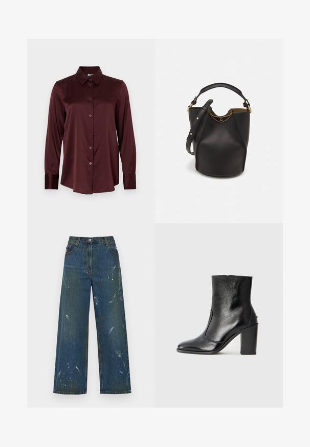 Burgundivärinen, pitkähihaisella satiinipaidalla on terävä kaulus ja napitus edessä, esitetty litteänä valkoista taustaa vasten.; Vaaleat lahkeet tummansinisistä denimeistä, joissa on maaliroiskeita. Klassinen viiden taskun muotoilu ja nappikiinnitys vyötäröllä.; Mustat nahka ankle bootit, joissa on sileä pinta, terävä kärki ja paksu korkea korko. Sivusaumassa on avaus ja muuten yksinkertainen muotoilu.; Mustan nahka-buckettikassi, jossa on teksturoitu pinta, kultaiset metalliosat ja avoin yläosa. Ominaisuuksiin kuuluu lyhyt kahva ja säädettävä olkahihna.