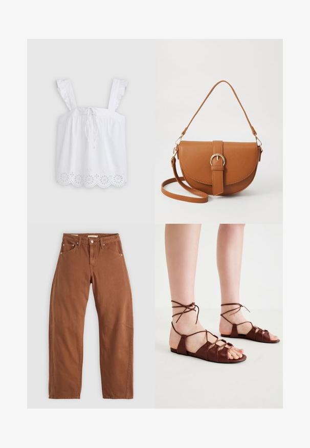 Valkoinen hihaton toppi, jossa on röyhelösoljet, nyörikiinnitys edessä ja kukkakoristeinen brodeeraus helmassa. Kevyt puuvillakangas.; Ruskon väriset suorat lahkeet, joissa on etu- ja takataskut, metalliset niitit, napitus ja vyölenkit, asetettuna tasaiseksi valkoista taustaa vasten.; Ruske kožne sandale s križnim remenima oko gležnja, otvorenom prstima, ravnim dnom i više traka sprijeda za podršku.; Ruskean nahkainen olkalaukku, jossa on kaareva muoto, kultaiset yksityiskohdat ja solkiyksityiskohta. Varustettu irrotettavalla olkahihnalla.