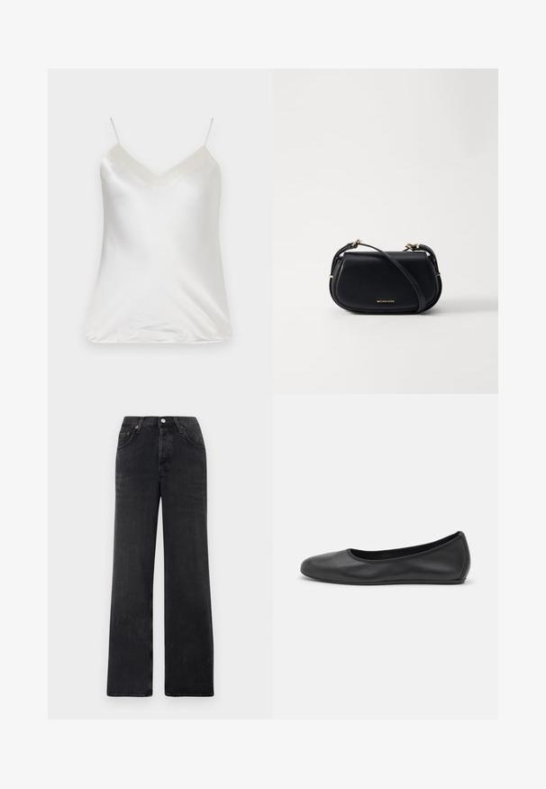 Paul & Joe VBOTANIC - Blusa - ecru; Pantalones vaqueros anchos negros de mezclilla. Presentan una cintura alta, dos bolsillos frontales y un cierre de botón con detalles de cobre.; Bailarina de piel negra con punta redondeada, textura suave, detalle de costura minimalista y diseño de suela flexible.; Bolso cruzado de piel negra con forma curva, detalles en dorado, correa ajustable y logo dorado en la parte frontal.